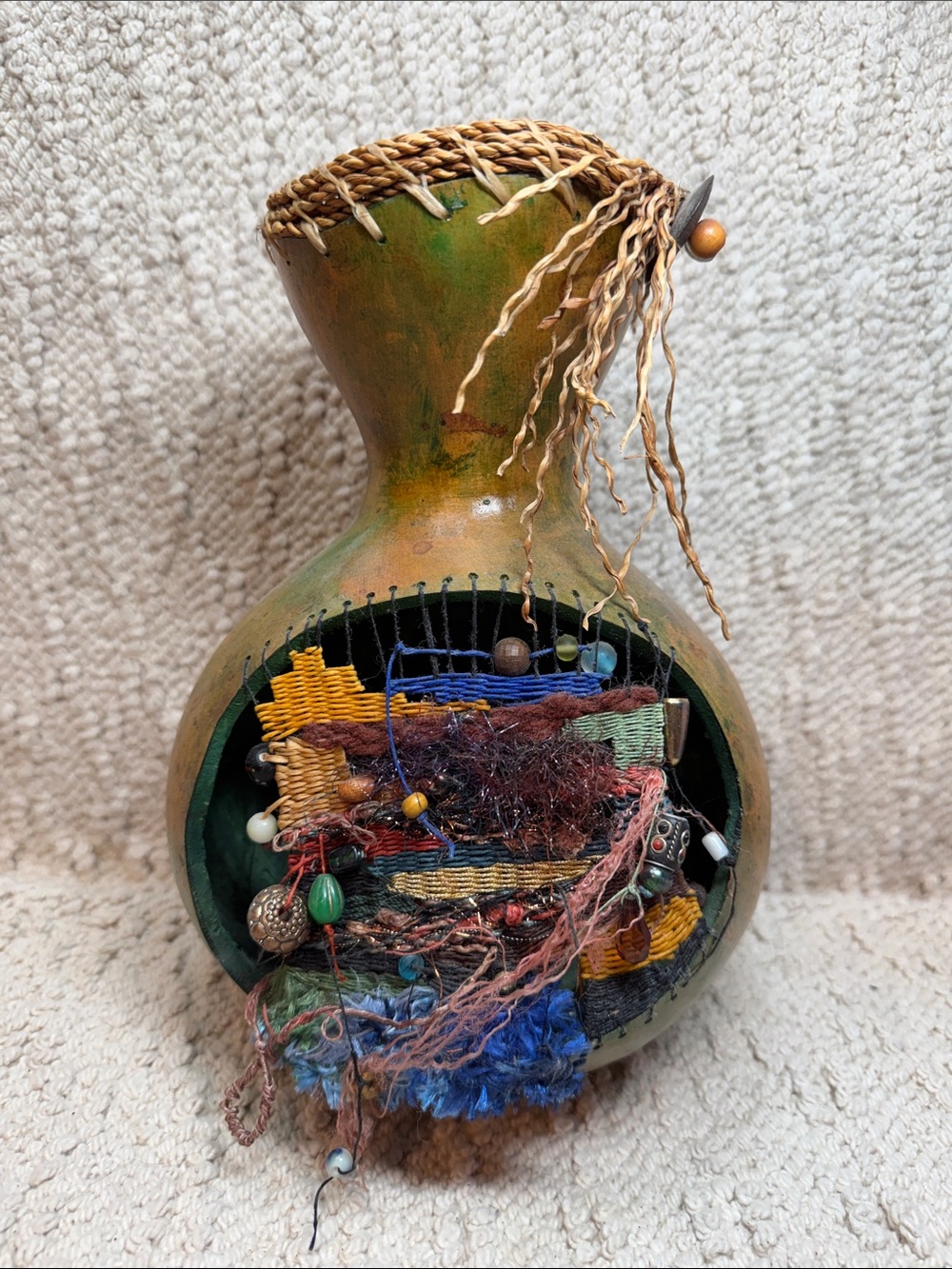 Handcrafted Green Decorative Gourd Vase with Multicolor Textile Inlay